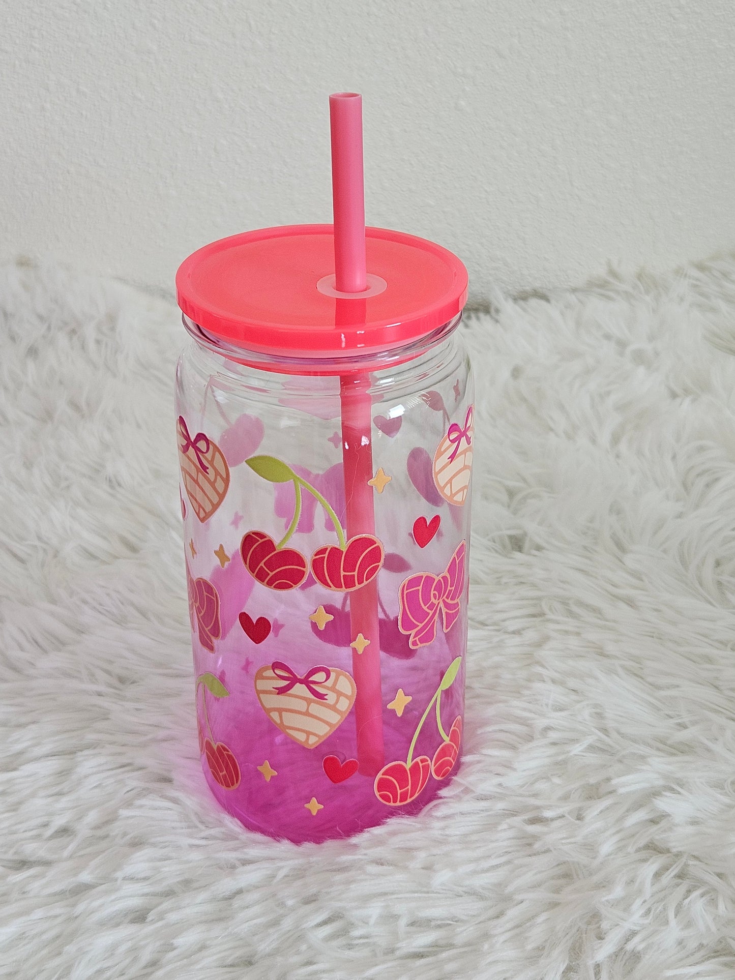 Cherry conchitas ombre plastic cup with lid and plastic straw