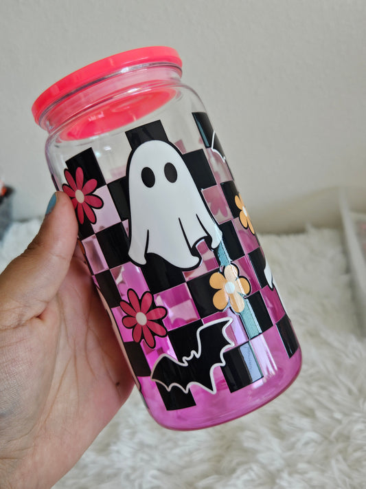 Spooky ghost and flowers ombre plastic cup with lid and plastic straw