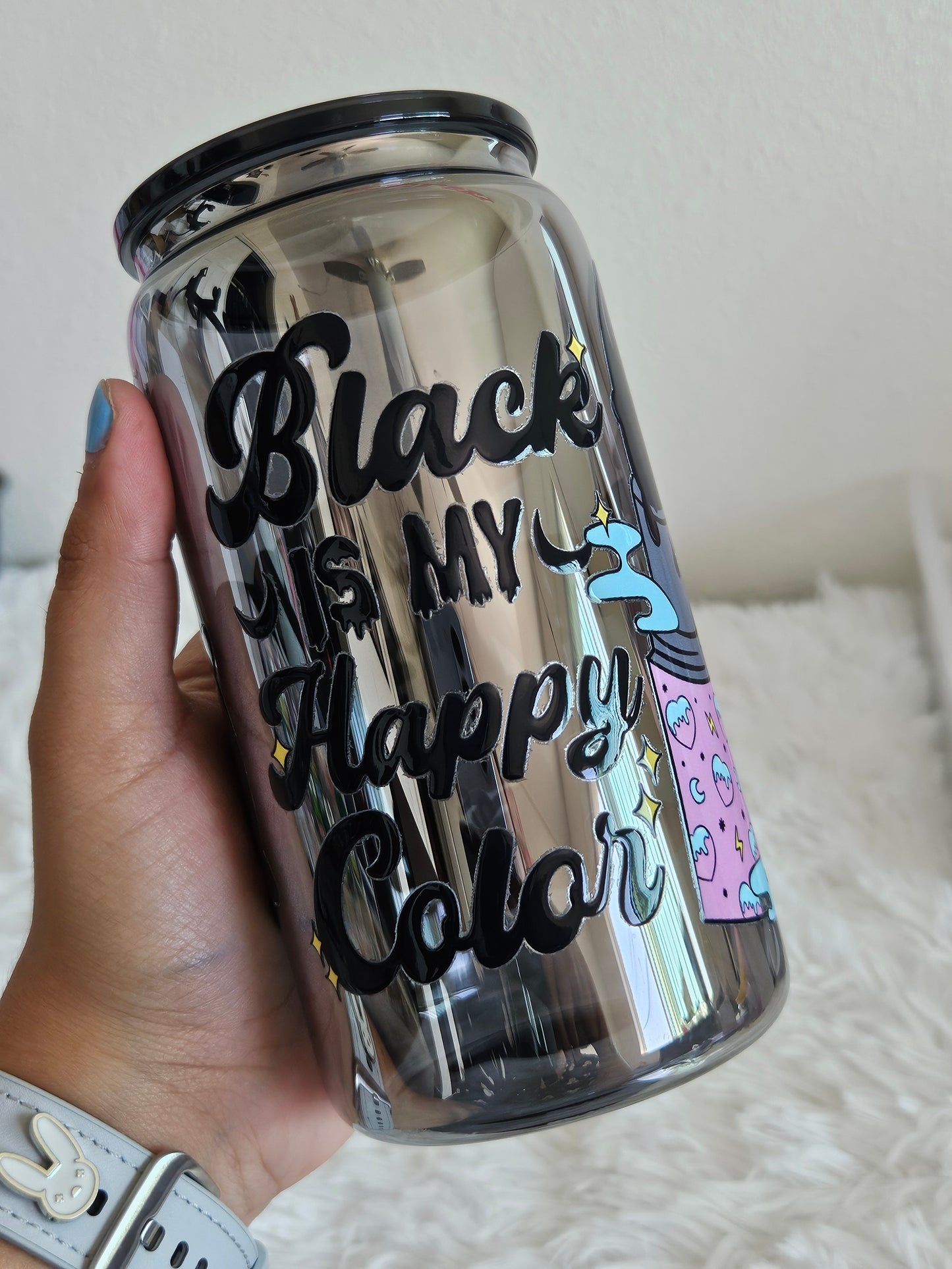 Black is my happy color 16oz mirrored glass cup