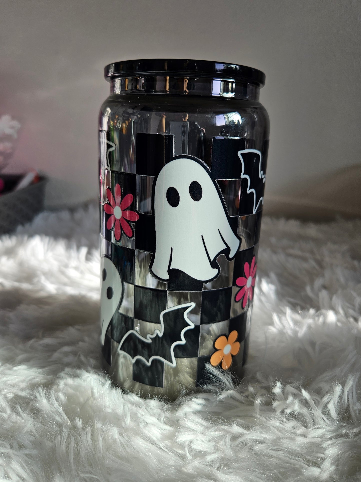 Ghost and flowers 16oz mirrored glass cup