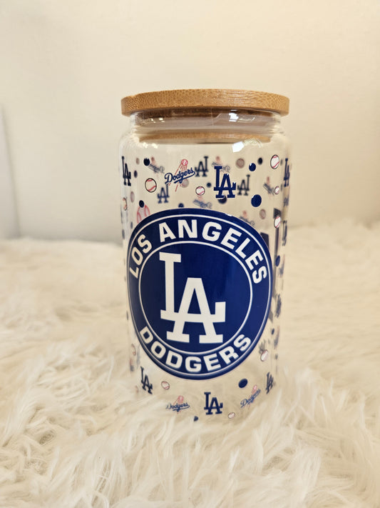 LA baseball team 16oz double sided glass cup with clear glass straw