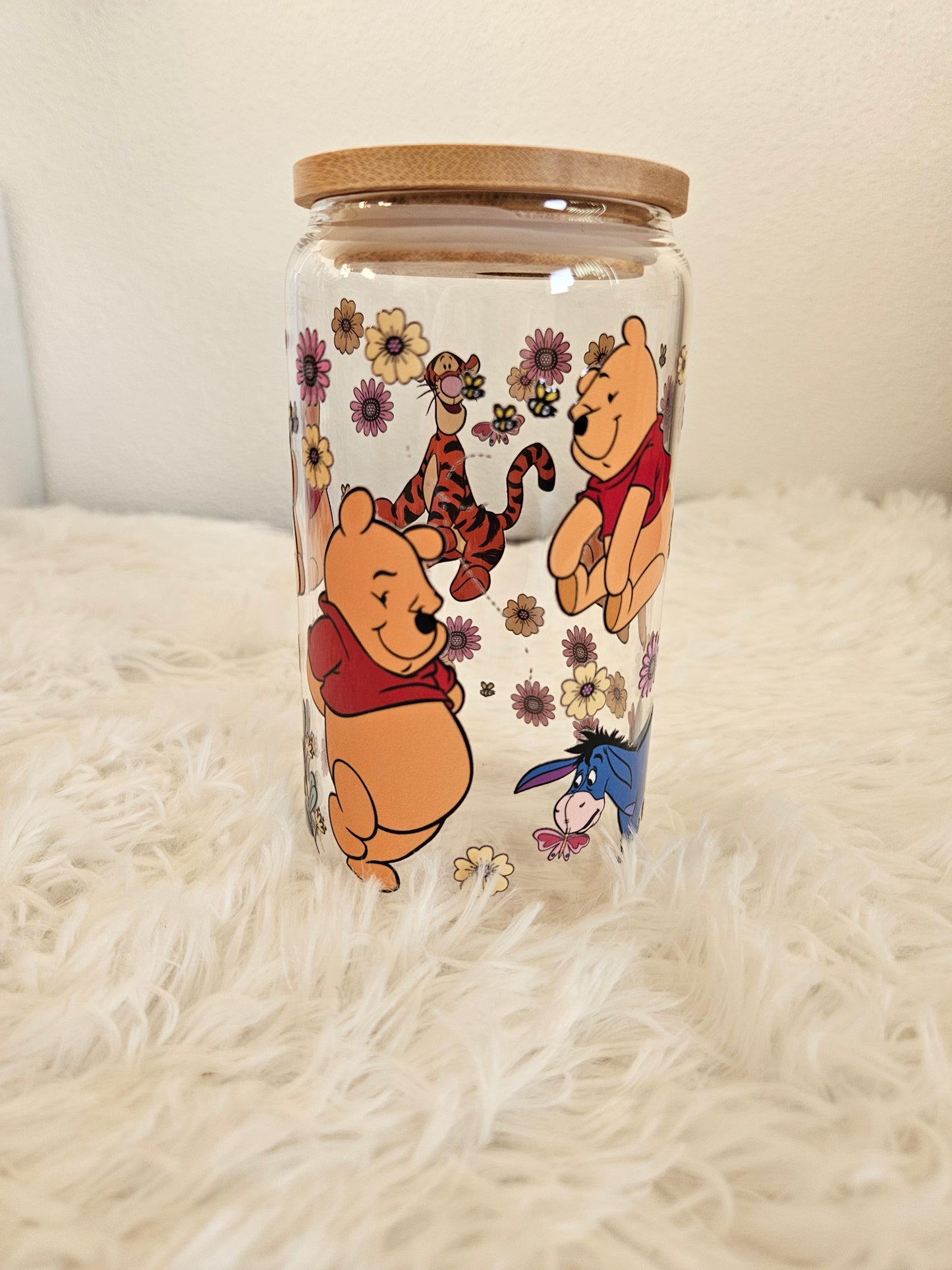 Cute bear 16oz double sided glass cup with clear glass straw