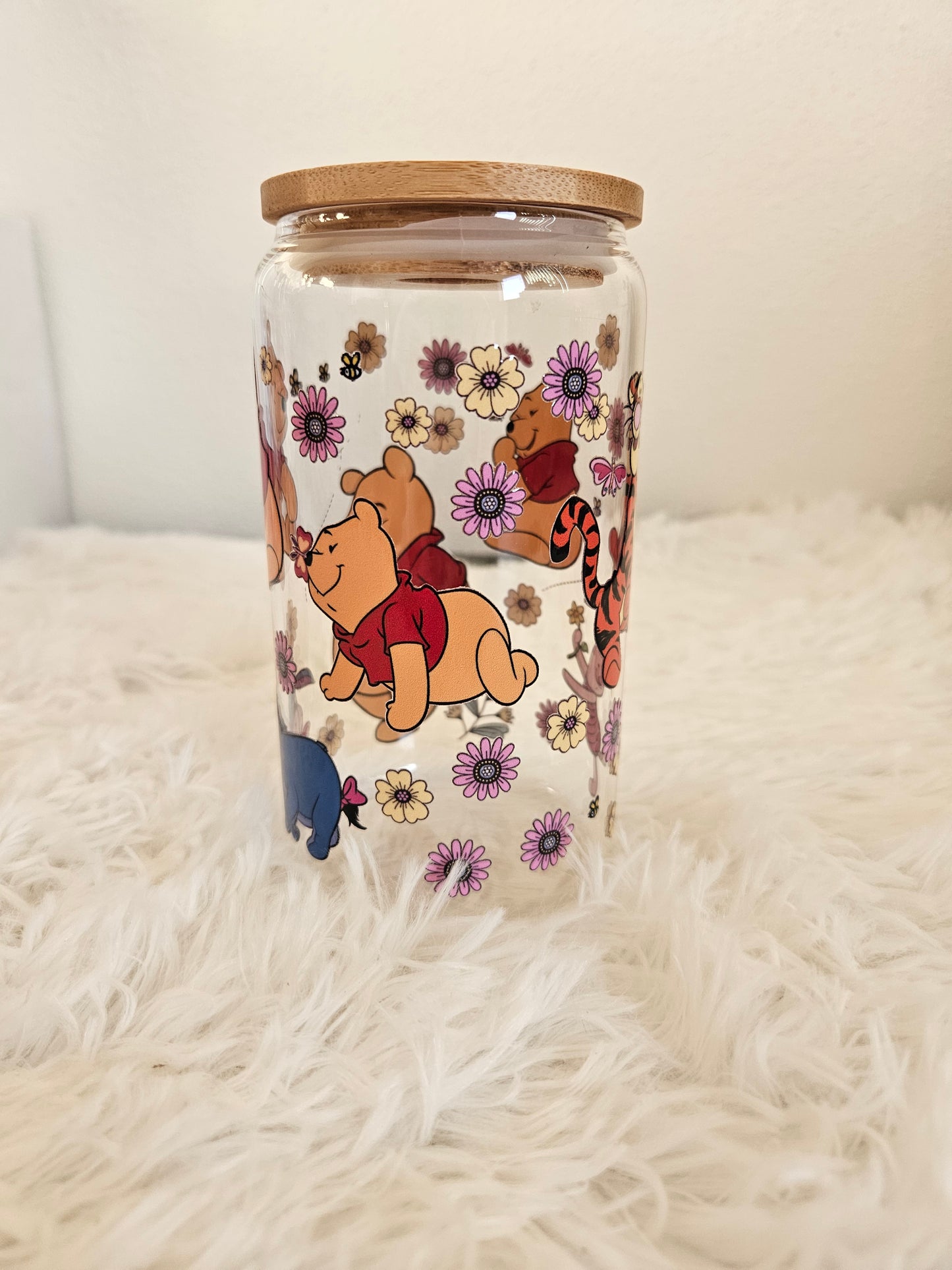 Cute bear 16oz double sided glass cup with clear glass straw