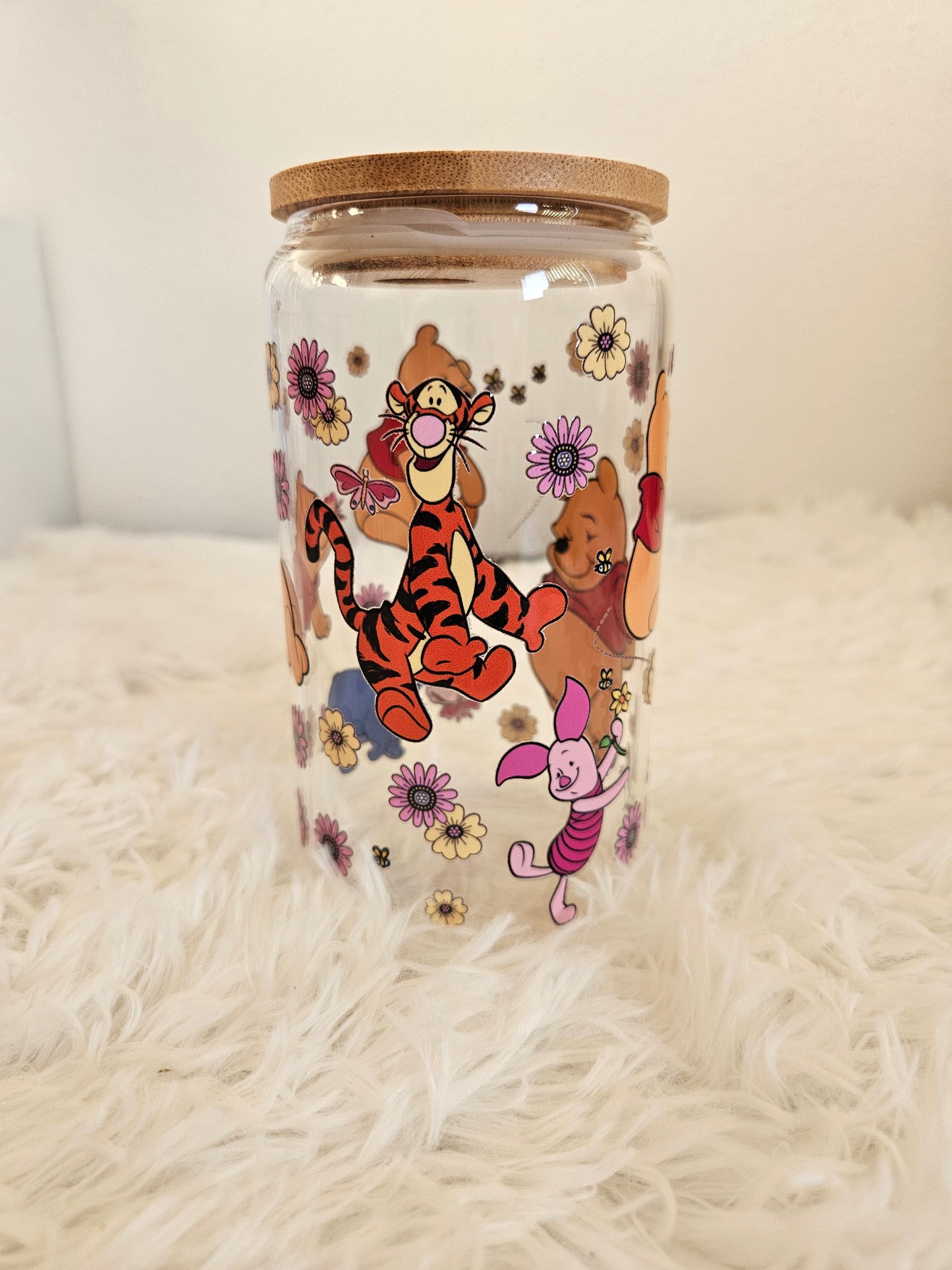 Cute bear 16oz double sided glass cup with clear glass straw