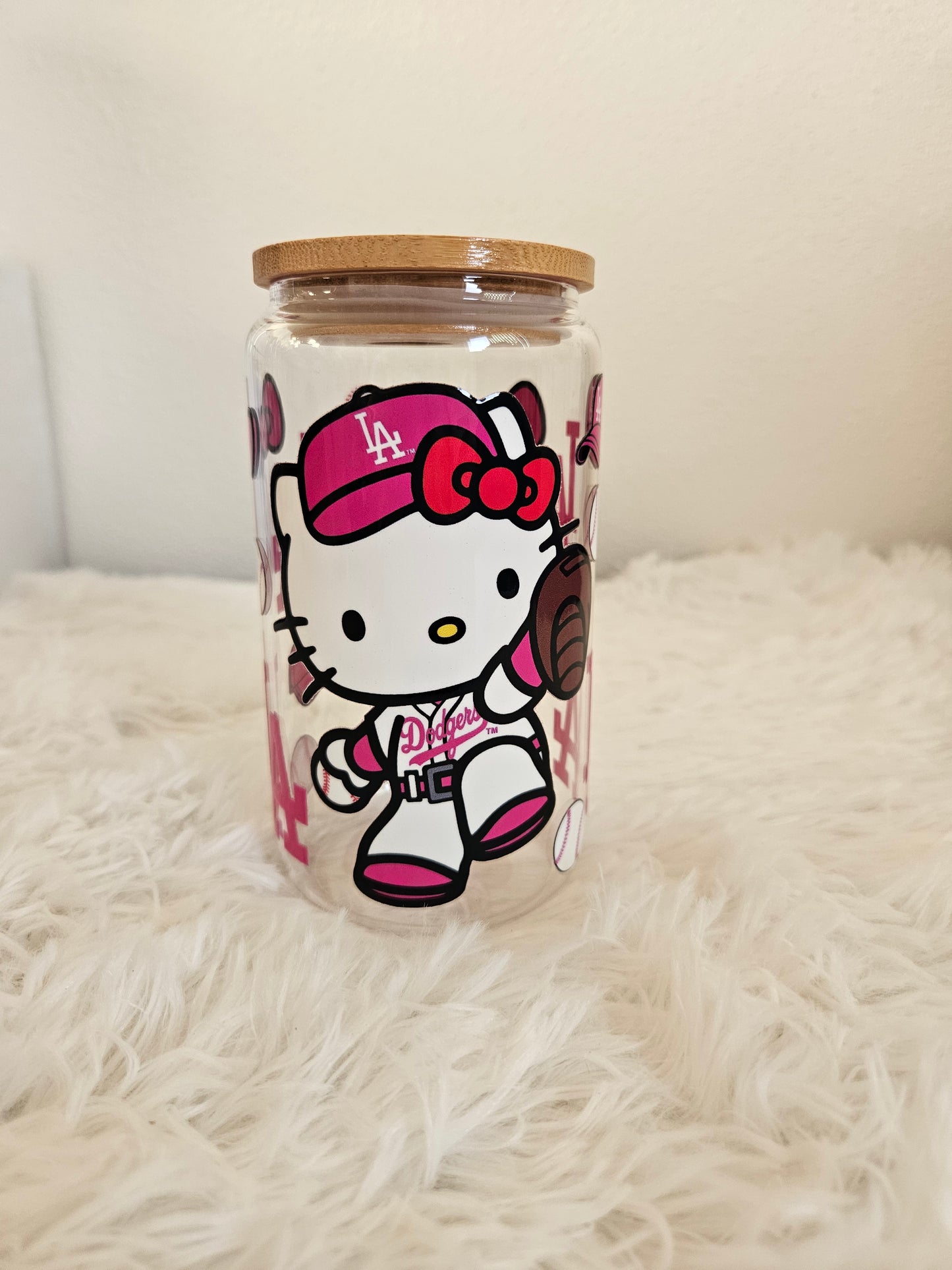 Kawaii LA baseball team 16oz double sided glass cup with clear glass straw