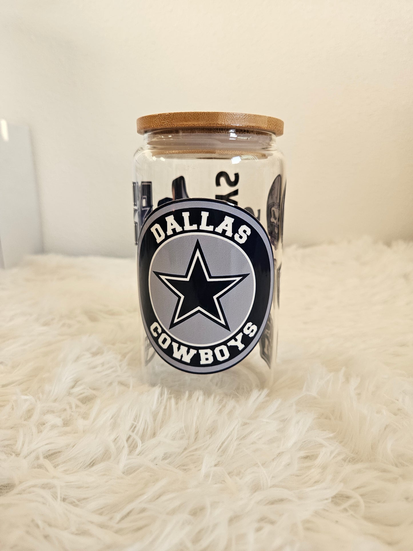 Cowboys 16oz double sided glass cup with clear glass straw