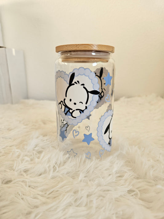 Pochacco 16oz double sided glass cup with clear glass straw