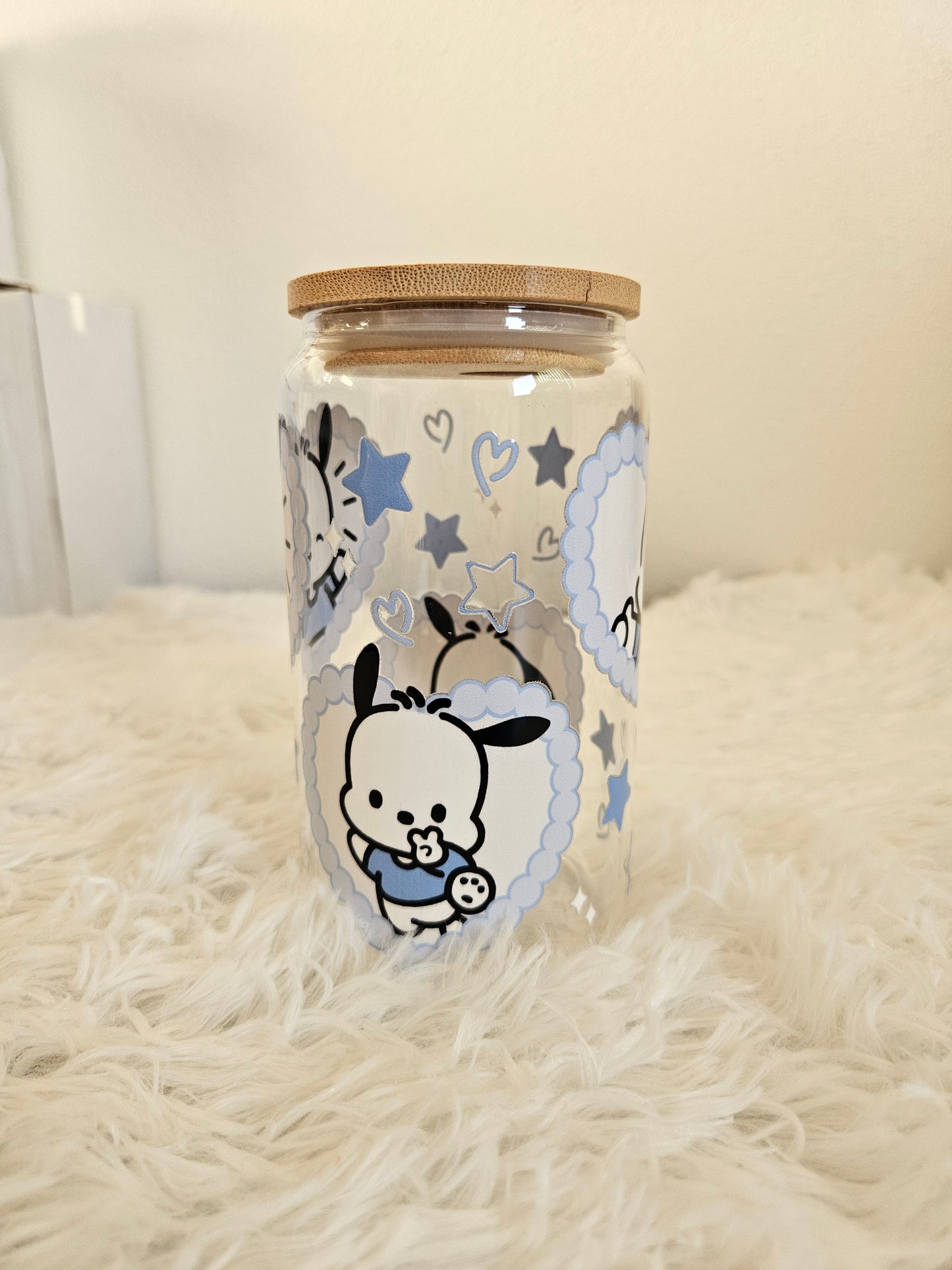 Pochacco 16oz double sided glass cup with clear glass straw