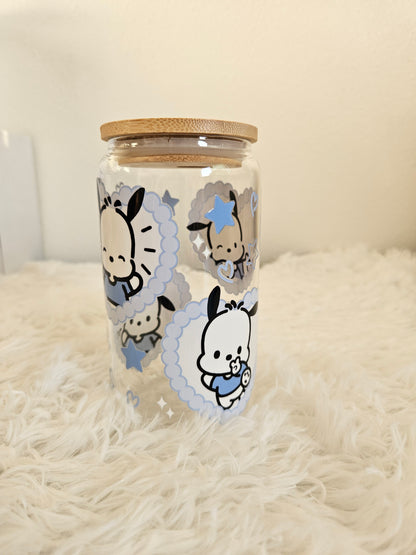 Pochacco 16oz double sided glass cup with clear glass straw